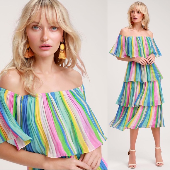 Lulus Dresses & Skirts - Lulu’s Gala Ready Multi Stripe Off The Shoulder Ruffle Midi Dress NWT